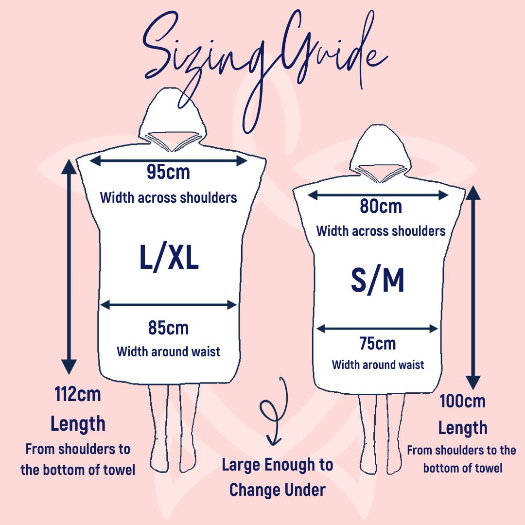 Ocean Armour changing poncho sizing guide comparing S/M and L/XL sizes. The chart shows shoulder width, waist width, and overall length measurements: S/M measures 80 cm across the shoulders, 75 cm around the waist, and 100 cm in length; L/XL measures 95 cm across the shoulders, 85 cm around the waist, and 112 cm in length. The guide also notes the poncho is large enough to change underneath