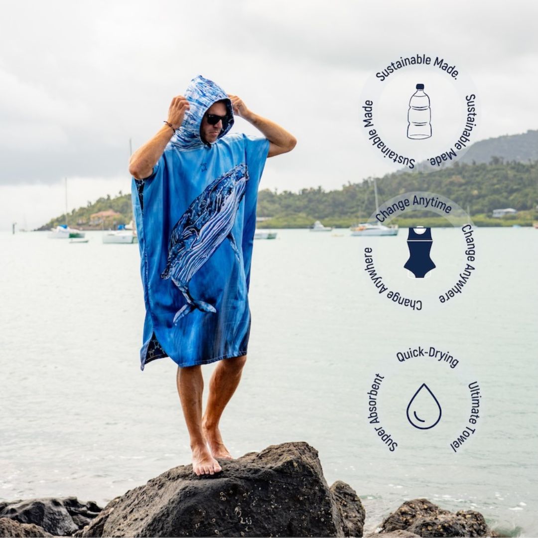 A person standing on rocks by the ocean wears a hooded blue towel/poncho with a whale print. Three circular callout graphics on the right highlight product features like sustainable made, change anytime, quick-drying, and super absorbent.