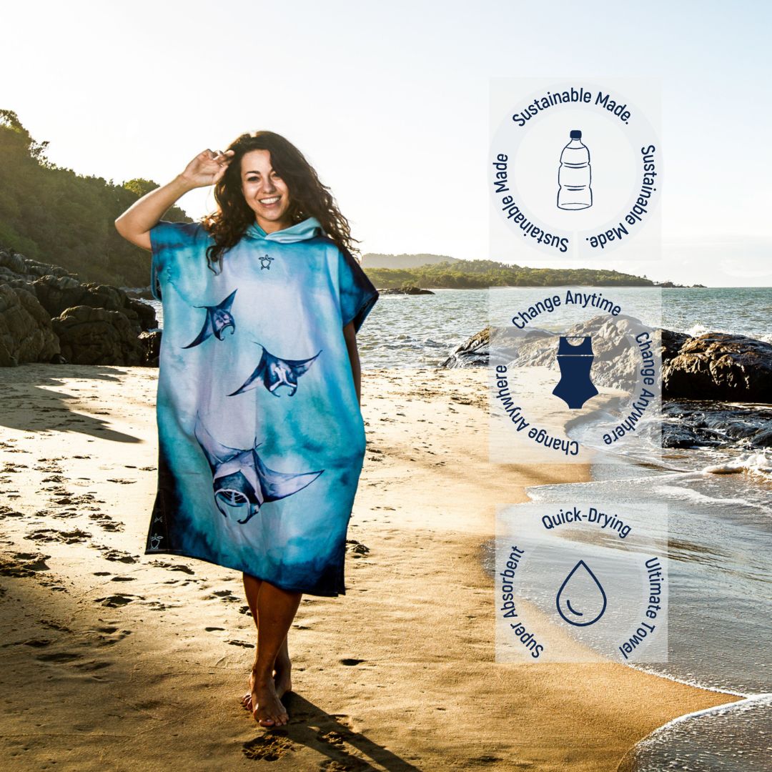 A woman stands on a sandy beach wearing a large blue and teal towel poncho with printed fish and shark illustrations. Three circular feature callouts appear on the right, highlighting sustainable made, change anytime, quick-drying, and ultra-poolable qualities.