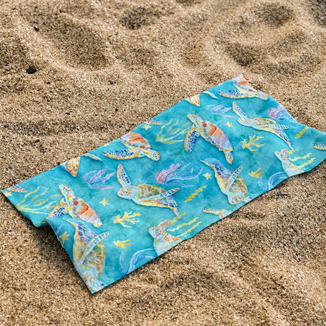 Blue sun buff featuring a colorful pattern of swimming sea turtles, coral, seaweed, and starfish on an ocean-inspired background