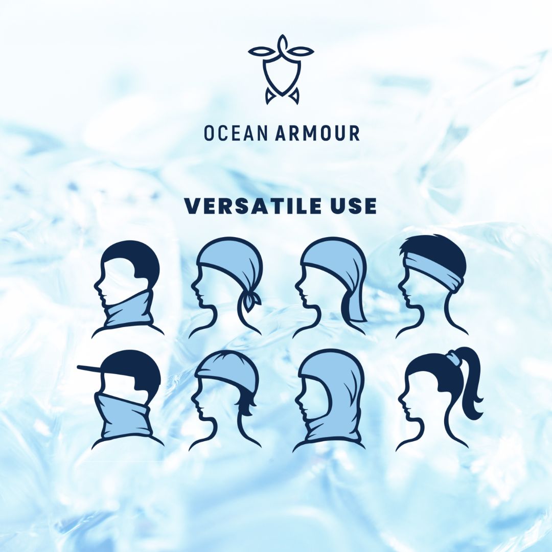 Blue and white graphic showing the Ocean Armour logo and the text 'VERSATILE USE' above eight profile silhouettes of heads and necks demonstrating different wearable positions.