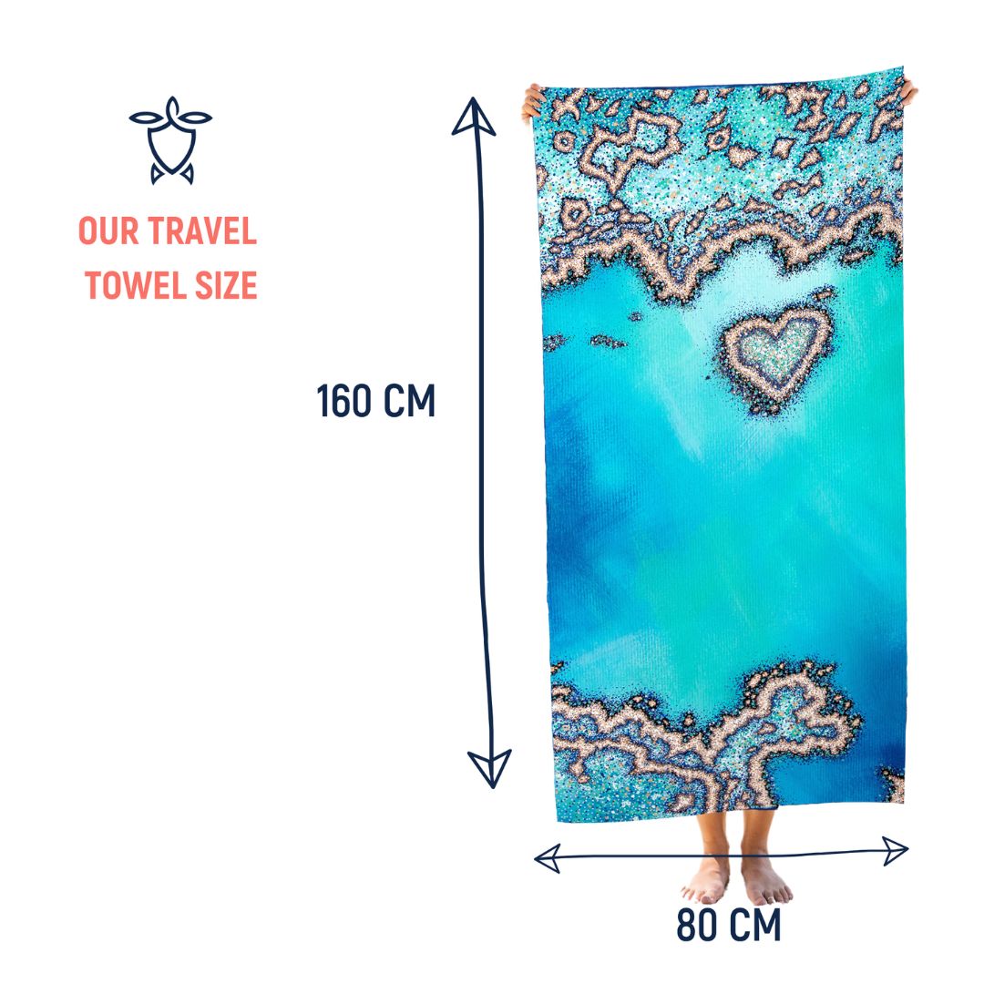 A travel towel with a turquoise and blue abstract map-like pattern, shown with dimension arrows indicating 160 cm in height and 80 cm in width. Text on the left reads 'OUR TRAVEL TOWEL SIZE' with a turtle icon.